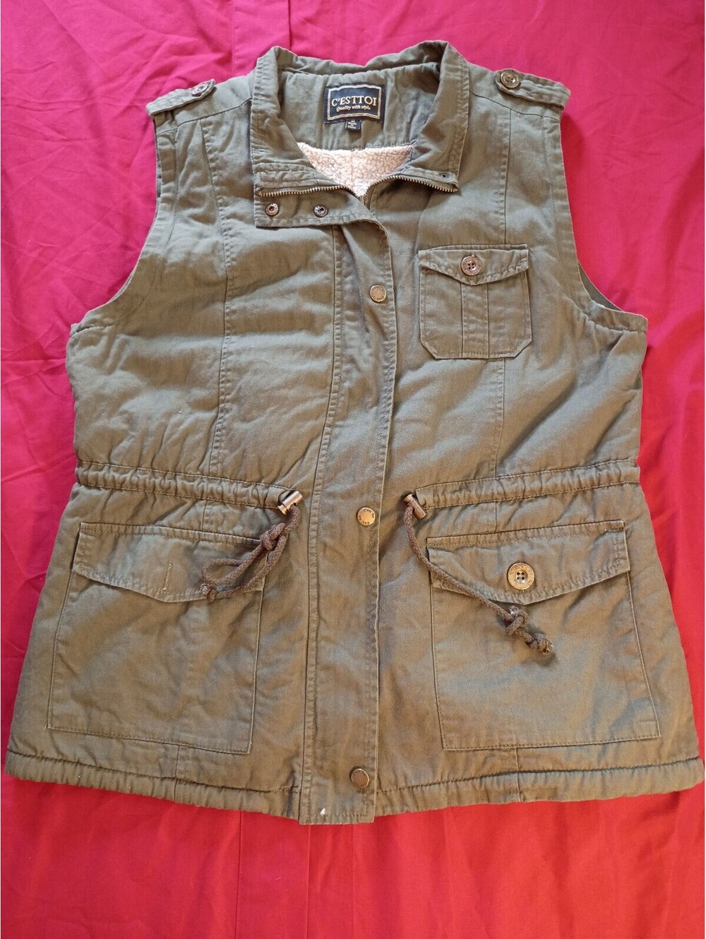 C'ESTTOI Olive Green Utility Vest with Sherpa Lining, Medium